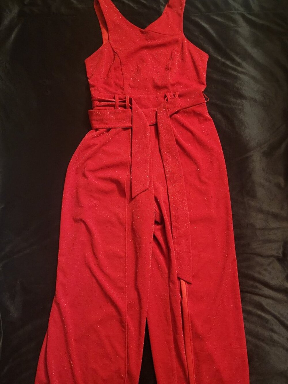 Addison Evenings Red Sparkly Formal Jumpsuit w/ Slits